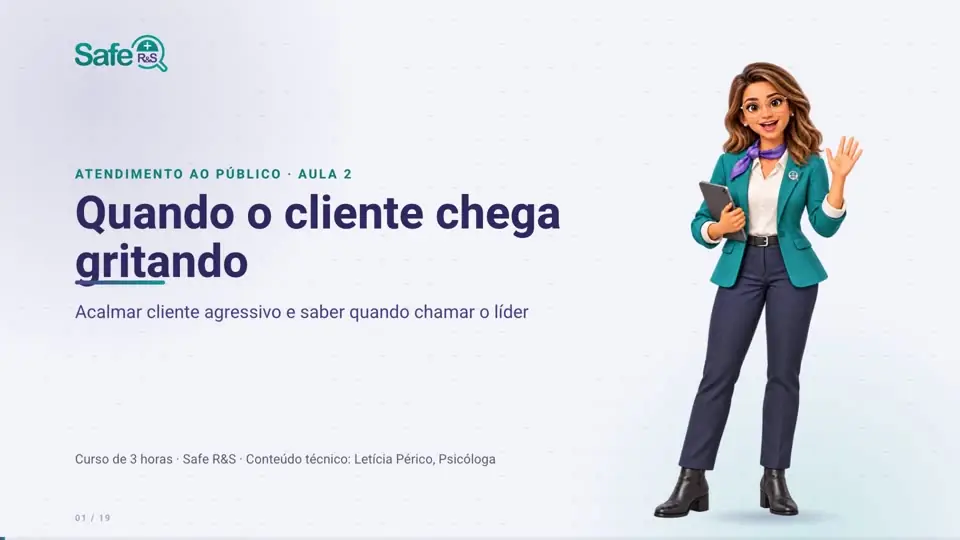 Abertura de uma aula: a instrutora acena ao lado do título da aula